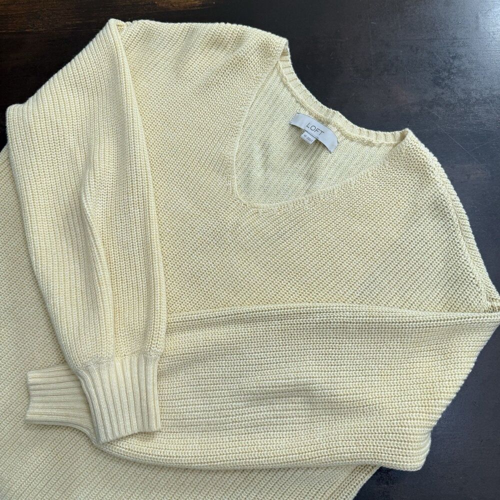 Loft Womens Oversized V Neck Sweater Yellow Ribbed Knit 100% Cotton Size XS
